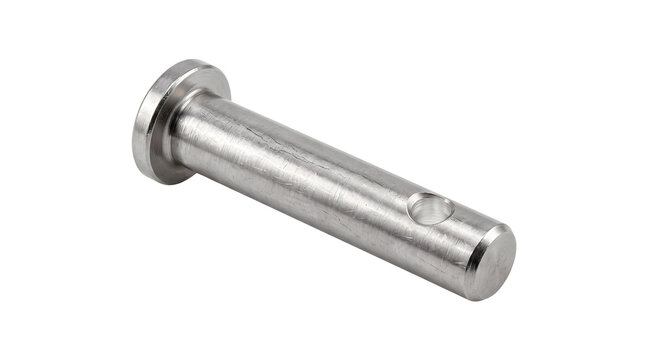 Cylindrical steel clevis pin metal fastener with hole for heavy machinery assembly.