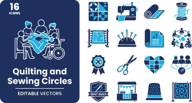 Quilting and Sewing Circles Vector Icons Set &ndash; Patchwork Quilt Block, Sewing Machine, Fabric Roll, Quilting Frame & Thimble Line Art Elements