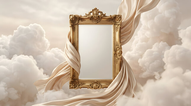 Elegant Gold Frame with Flowing Silk Fabric Floating in Soft Clouds