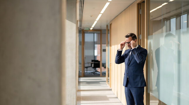 Professional man adjusting glasses in a sleek office corridor, getting back to work after a brief pause in his day