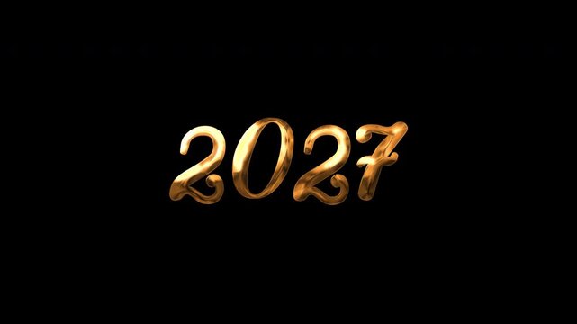 Shiny gold metal typography numbers 2027 on black background. Metallic design for calendars, posters, or new years eve invitations.