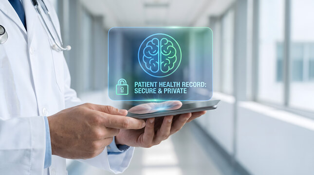Doctor holding tablet with secure patient health records and glowing digital brain hologram, Healthcare cybersecurity and private medical data concept with virtual neurology interface on smart pad.