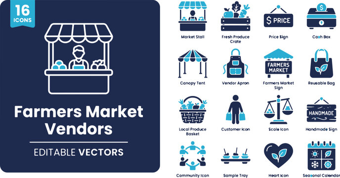 Farmers Market Vendors Vector Icons Set &ndash; Market Stall, Fresh Produce Crate, Canopy Tent & Local Shopping Line Art Elements