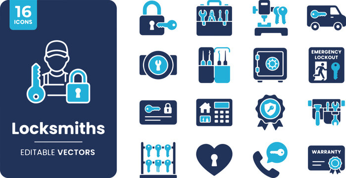 Locksmiths Vector Icons Set &ndash; Padlock, Key Cutting Machine, Safe Box & Emergency Lockout Line Art Elements