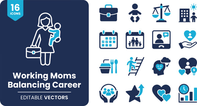 Working Moms Balancing Career Vector Icons Set &ndash; Work Life Balance, Daycare, Remote Work & Motherhood Line Art Elements