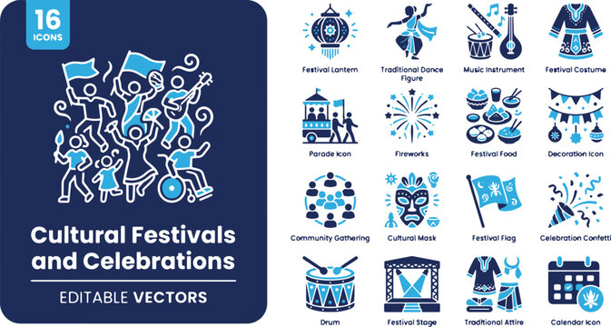 Cultural Festivals and Celebrations Vector Icons Set &ndash; Traditional Dance, Parade, Musical Instruments & Event Line Art Elements