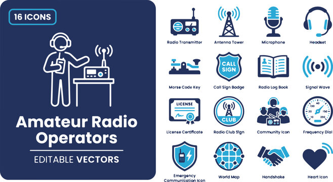 Amateur Radio Operators Vector Icons Set &ndash; Ham Radio, Antenna Tower, Morse Code Key & Wireless Communication Line Art Element