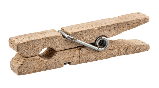 Aged wooden clothespin with metal spring isolated on transparent background for laundry.