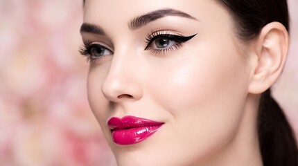 Naklejka premium Woman with winged eyeliner. Professional makeup look with bright pink lipstick.