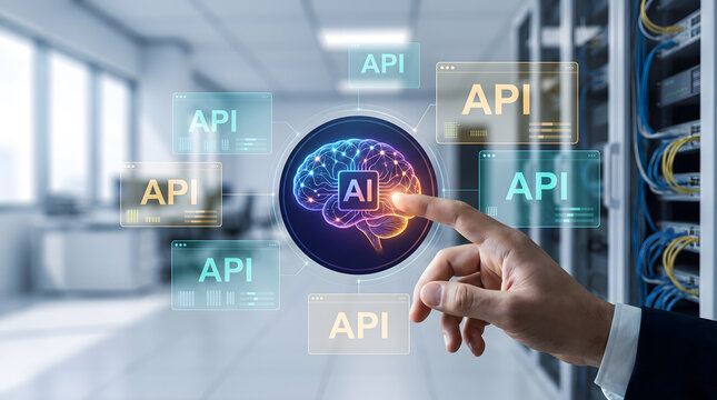 IT administrator touching glowing AI brain hologram with API integration network in data center server room, Artificial intelligence API connection and software development concept.