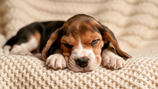 A cute beagle puppy sleeping peacefully on a cozy knitted blanket