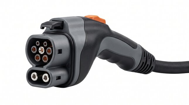 Electric vehicle CCS Type 2 charging plug, black and grey EV connector handle, fast charging power cable for automotive battery