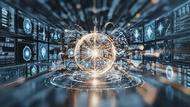 A complex digital ecosystem visualization with glowing interconnected nodes and energy streams in a futuristic setting