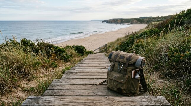 Planning an Enjoyable Holiday Without Overspending, A backpack rests on a wooden path leading to a serene beach and ocean view.