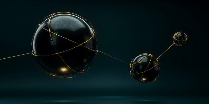 Abstract 3d black spheres connected by golden wires on dark background