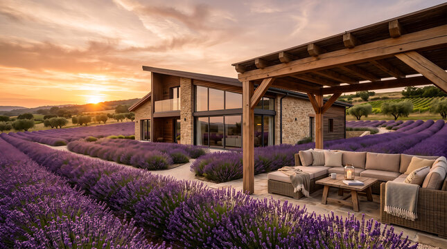 Modern house with lavender field patio