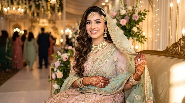 South Asian bride in traditional wedding attire. Elegant woman at reception.