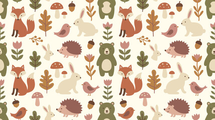 Whimsical forest creatures pattern featuring hedgehogs bears mushrooms and leaves. © pixel*