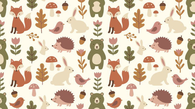 Whimsical forest creatures pattern featuring hedgehogs bears mushrooms and leaves.