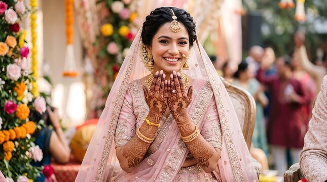 Indian bride smiling at wedding. Young woman with henna hands posing in sari.