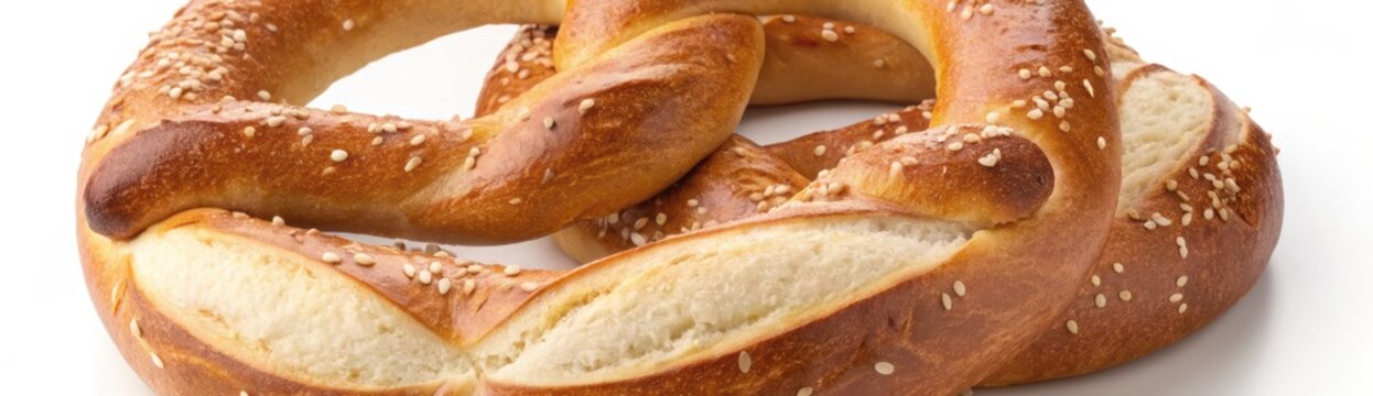 Soft pretzel with sesame seeds on white background dessert baked bread snack fresh golden crust twisted shape