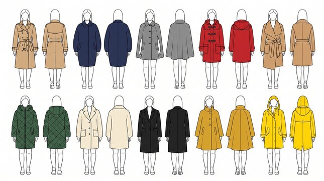 ten women coat flat technical illustrations showing front and back views on a white background