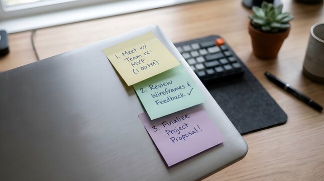 Three pastel sticky notes stuck to the corner of a laptop cover in a clean workspace