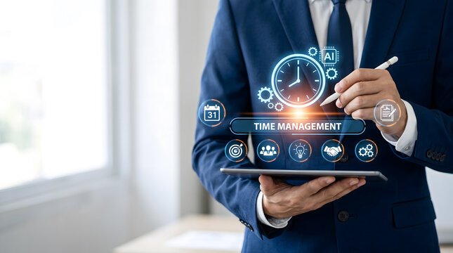Businessman using stylus on tablet with glowing AI time management and productivity hologram, Corporate executive analyzing digital planner with smart time management interface and business icons.