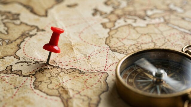 Vintage Map with Compass and Red Pin Marking a Destination.