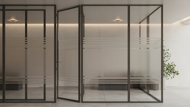 Modern office interior design featuring frosted glass partition wall and minimalist doorway