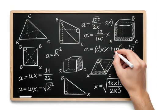 Hand writing math formulas and geometry shapes on blackboard