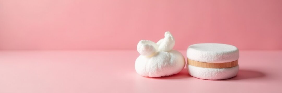 Reusable cotton rounds & bamboo cleansing brush on pink paper, plastic free, skincare, reusable