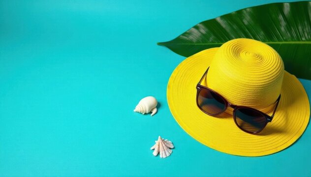 Summer blue background, yellow hat, sunglasses, seashell, monstera leaf , vacation vibes, top view