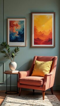 Stylish living room interior, comfy armchair, side table, art frames , side table, interior