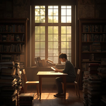 A solitary person reads a book in a quiet, sunlit library, surrounded by bookshelves, creating a peaceful scene of intellectual pursuit and deep concentration