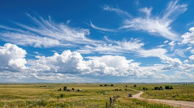 Vast rural landscape featuring golden fields under a brilliant blue sky with dramatic wispy white clouds and a winding dirt road leading towards a small farmhouse in the distance today.