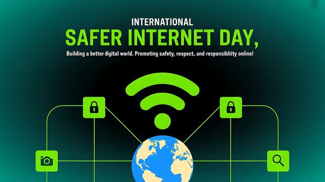 International Safer Internet Day banner with wifi, globe, and security icons on green background