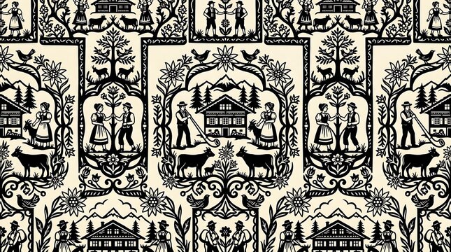 Traditional black and white alpine folk art silhouette pattern