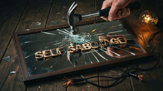 Self sabotage concept with hammer smashing mirror. Broken glass with self sabotage text. Mental health metaphor for self destruction.