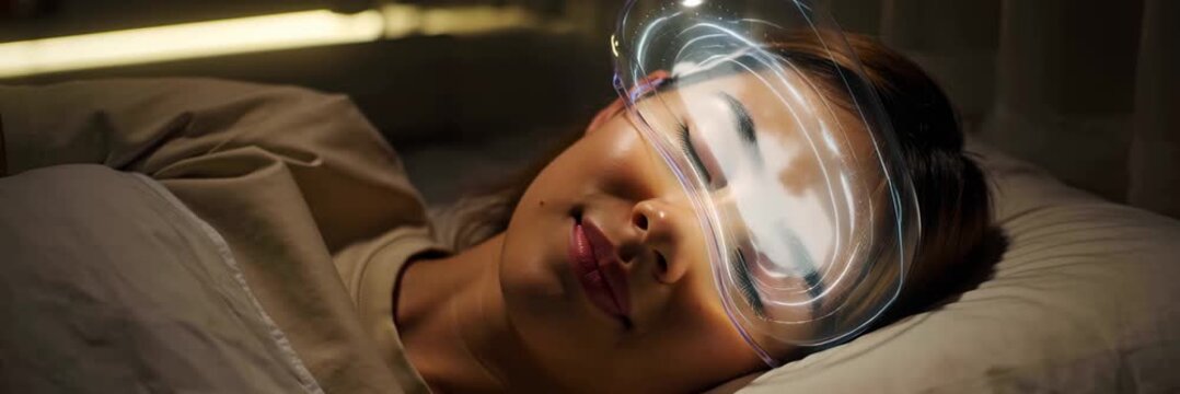 Sleeping woman wearing futuristic glowing sleep goggles in bed, smart sleep concept for wellness and technology media