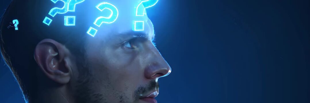 Puzzled man surrounded by floating question marks, uncertainty concept for decision making and problem solving media