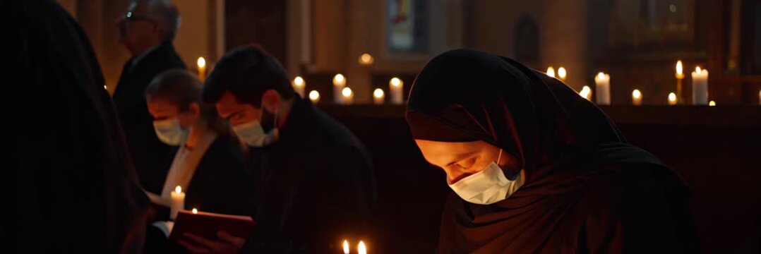 Masked nun praying during candlelit church service, virus protection concept for faith and healthcare communication