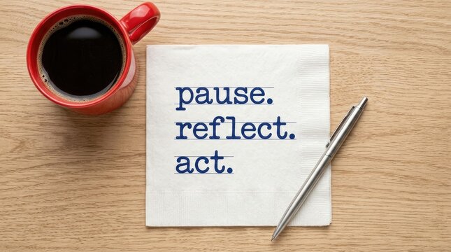 White paper napkin displaying motivational text pause reflect act placed near a vibrant red ceramic mug filled with dark coffee and a metallic silver pen on natural light oak desk
