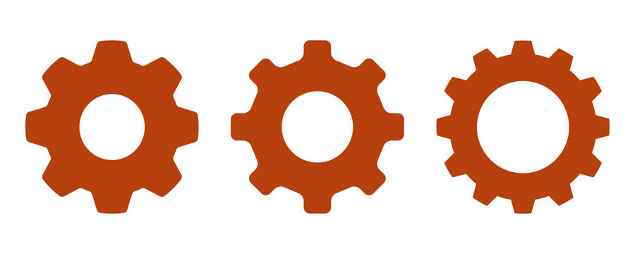 Three Rust Gear Wheel Icon Set Isolated on Transparent Background PNG Settings Vector Symbols