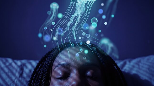 Surreal Dream Concept of Woman Sleeping with Glowing Jellyfish and Bubbles Emerging from Mind