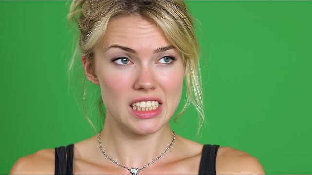 Blonde woman wearing a black sleeveless top with bites lip nervously and avoids eye contact. 