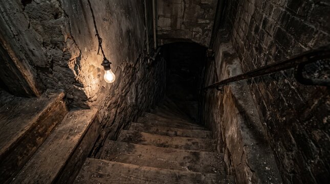 Spooky stone basement stairs with single light bulb. Dark underground cellar staircase. Eerie dungeon stone steps.