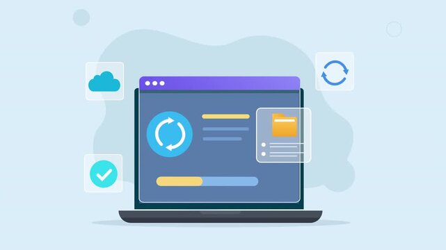 Modern flat vector animation of a laptop cloud synchronization dashboard with sync arrows, cloud storage, file management, and data transfer interface elements for technology concepts.