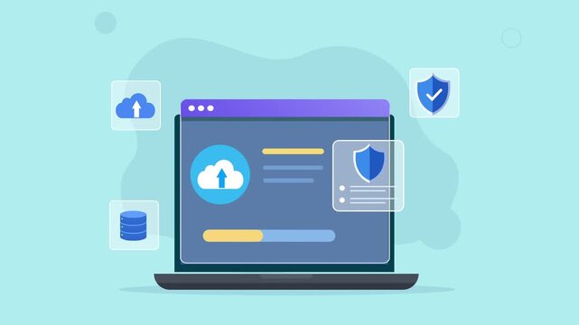 Modern flat vector animation of a laptop cloud security dashboard with cloud storage, shield protection, database, and secure data management interface elements.