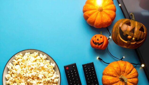 Halloween movie night with popcorn and pumpkins. Festive autumn holiday home entertainment.